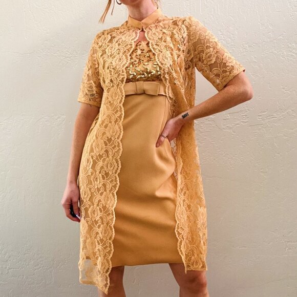 Vintage 1960's Gold Empire Waist Sequin Mini Cocktail Dress w/ Lace Robe - Picture 4 of 10